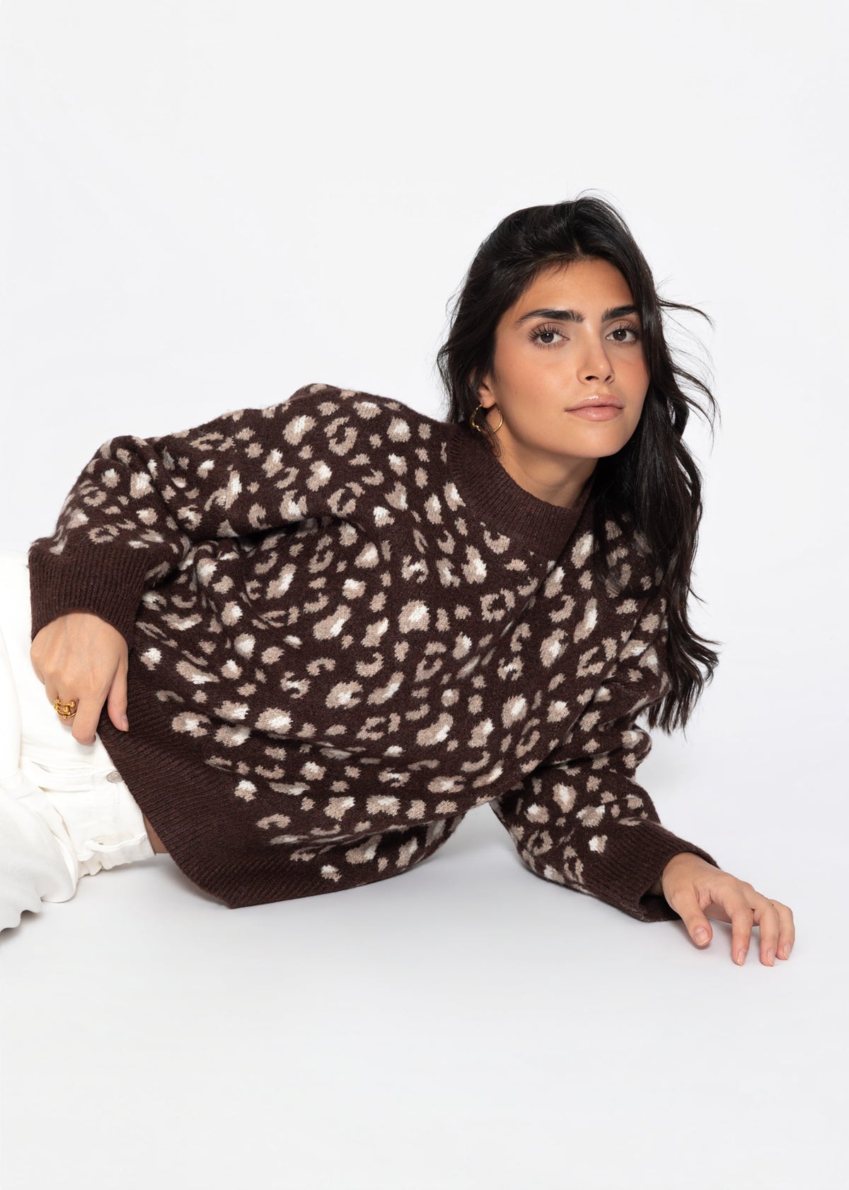 Pullover mit breiter Rippe und Leo-Muster - braun