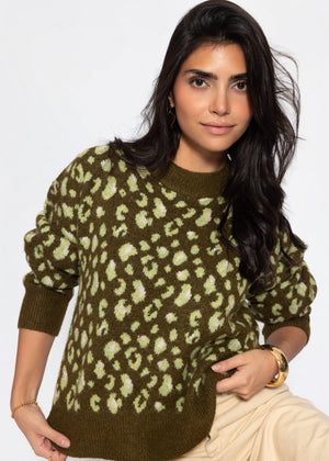Pullover mit breiter Rippe und Leo-Muster - khaki