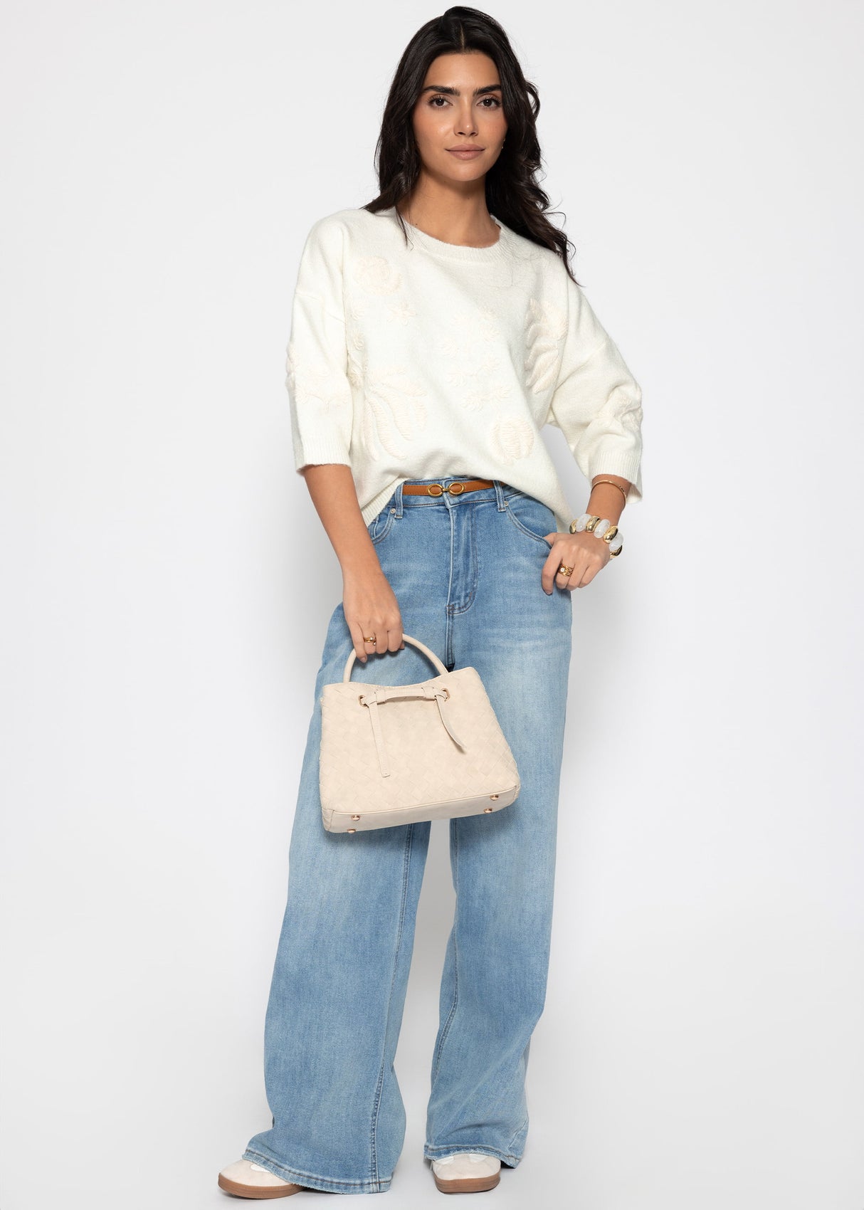 Pullover mit floraler Stickerei - offwhite