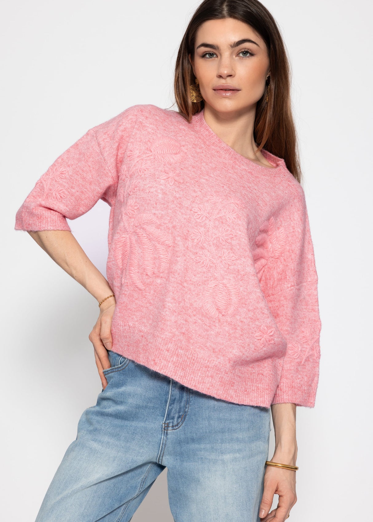 Pullover mit floraler Stickerei - rosa