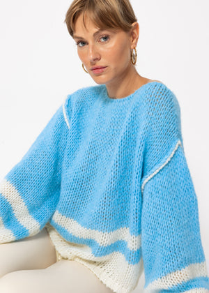 Pullover mit gestreiftem Saumende - eisblau-offwhite