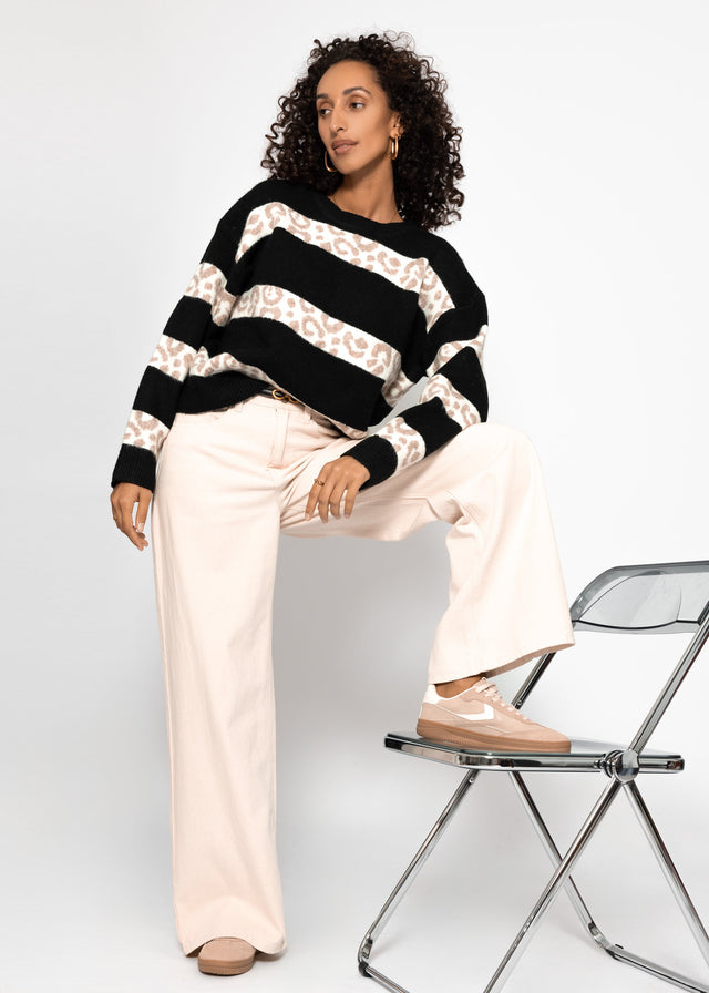 Jumper with leopard print stripes - black