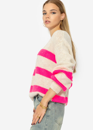 Sweater with pink stripes - light beige