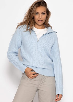 Sweater with zipper on the collar - light blue