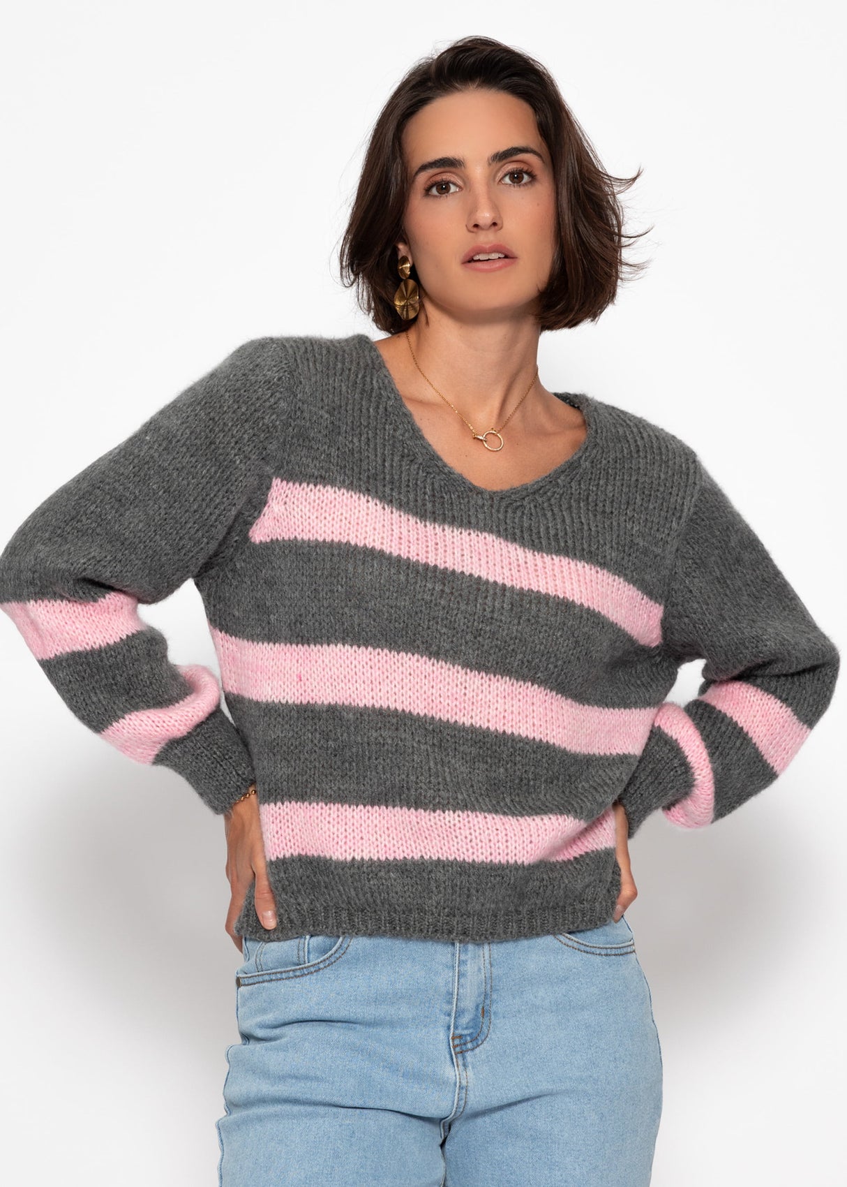 Pullover mit rosa Streifen - grau