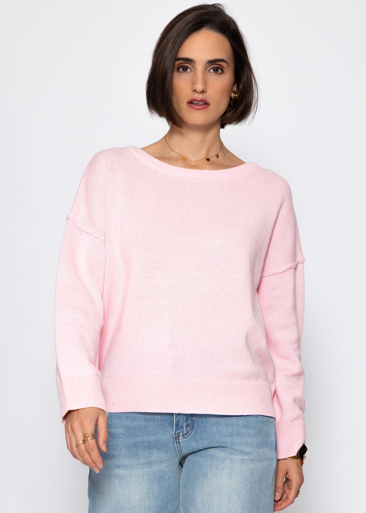 Oversize Baumwoll-Pullover mit Rückennaht - rosa