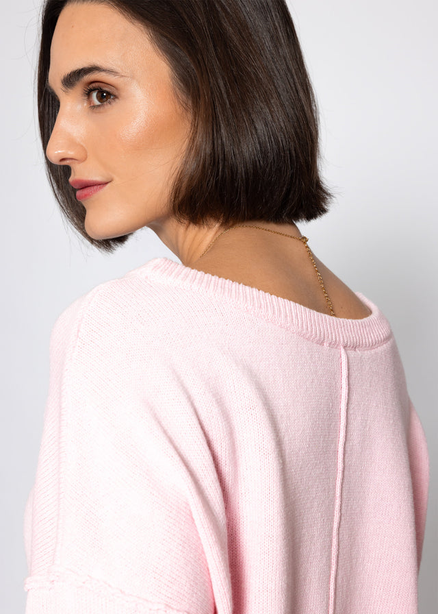 Oversize Baumwoll-Pullover mit Rückennaht - rosa