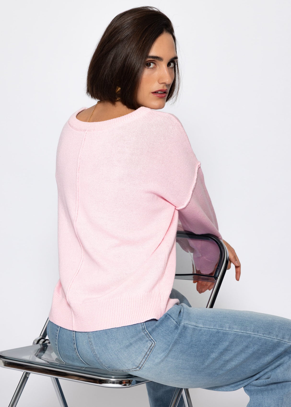 Oversize Baumwoll-Pullover mit Rückennaht - rosa