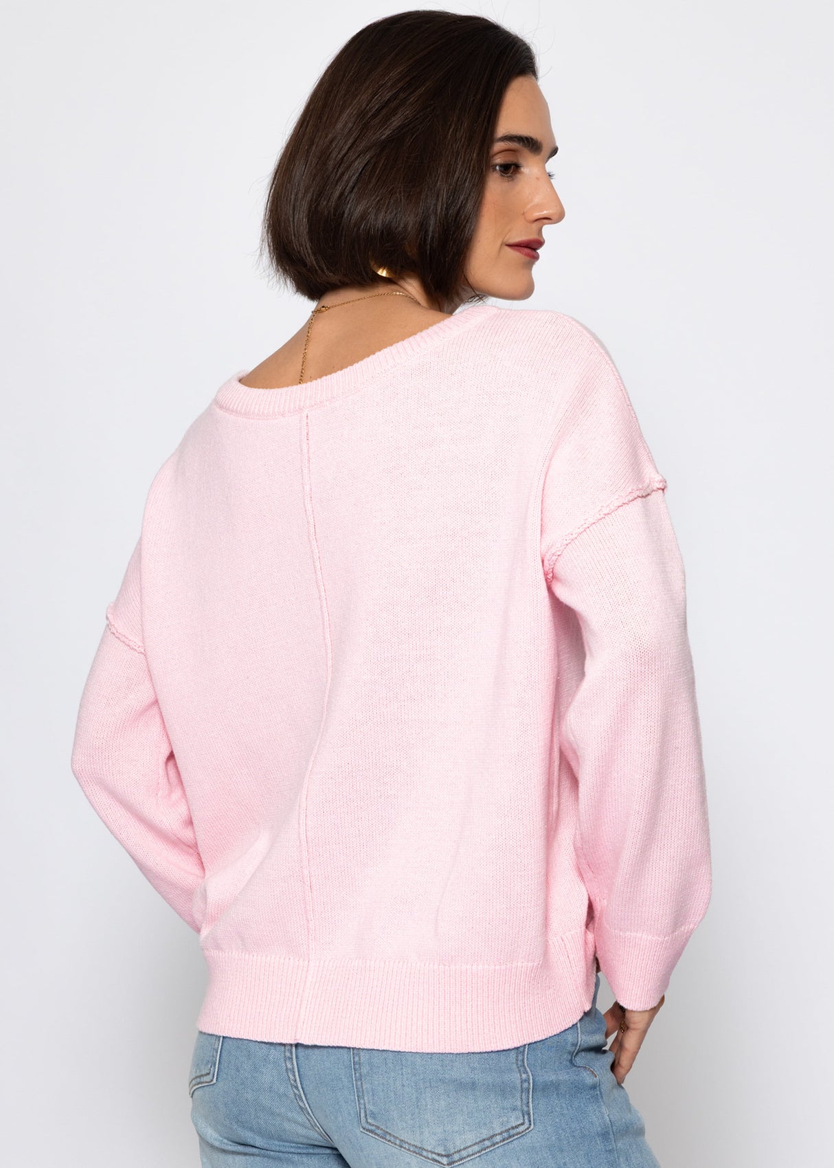 Oversize Baumwoll-Pullover mit Rückennaht - rosa