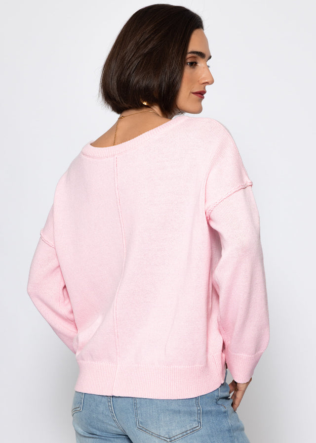 Oversize Baumwoll-Pullover mit Rückennaht - rosa