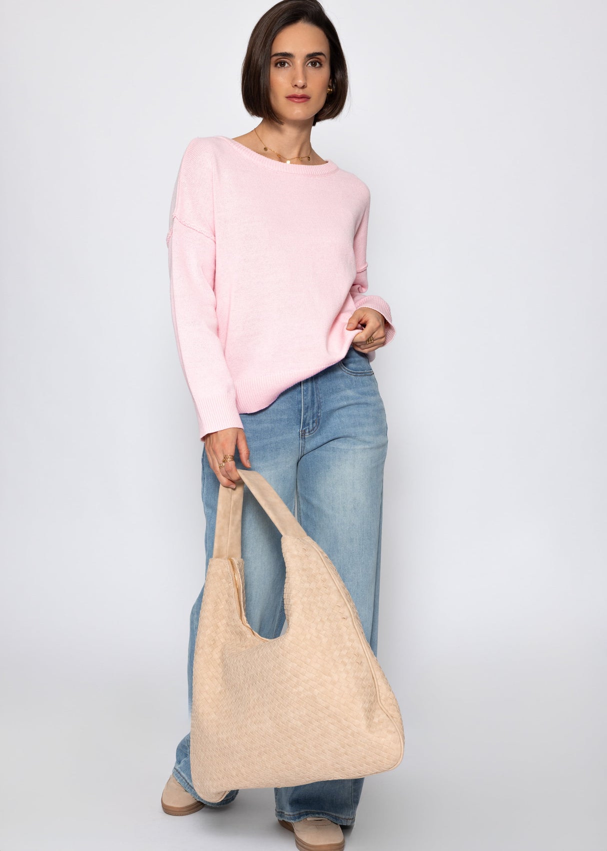 Oversize Baumwoll-Pullover mit Rückennaht - rosa