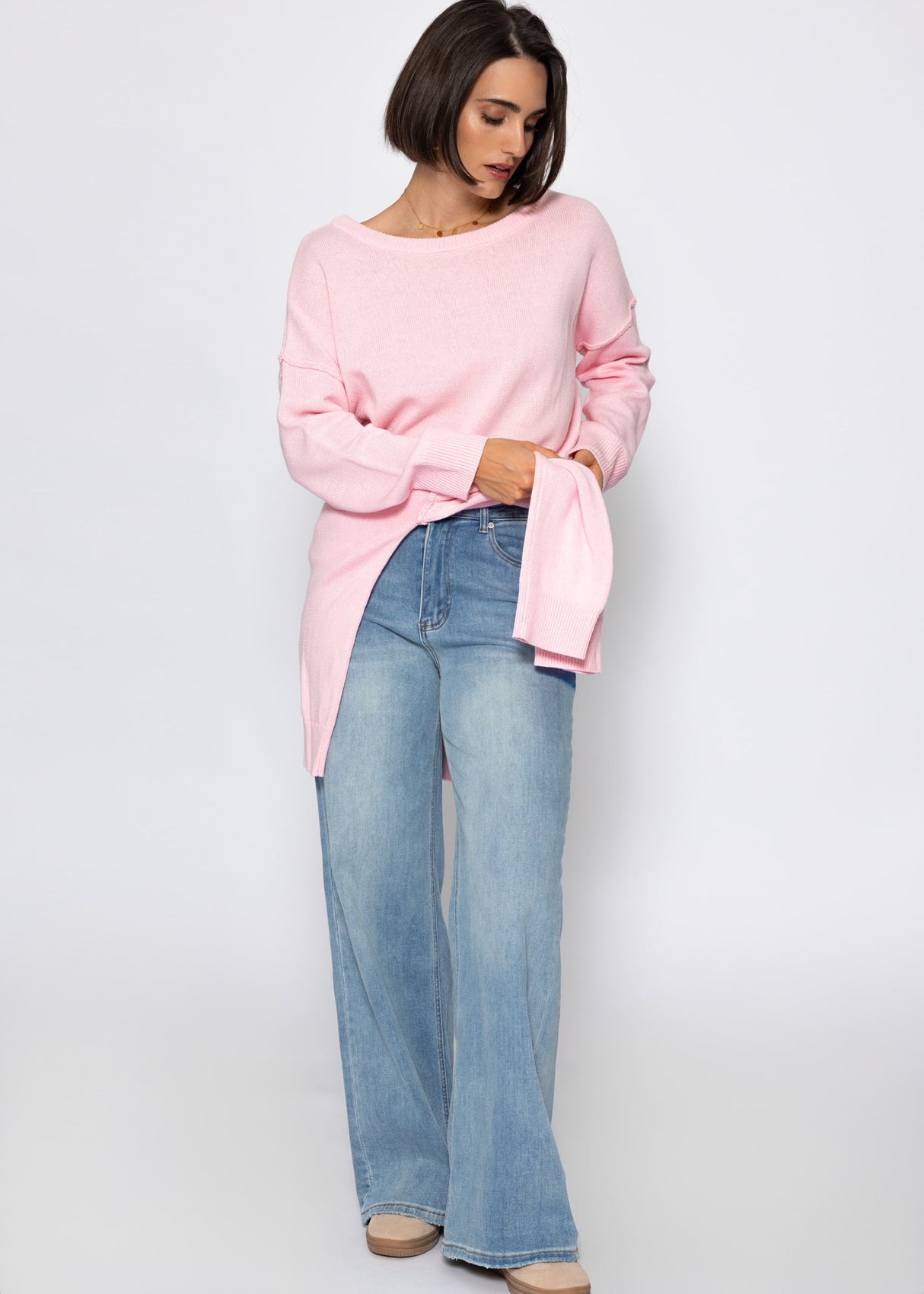 Oversize Baumwoll-Pullover mit Rückennaht - rosa