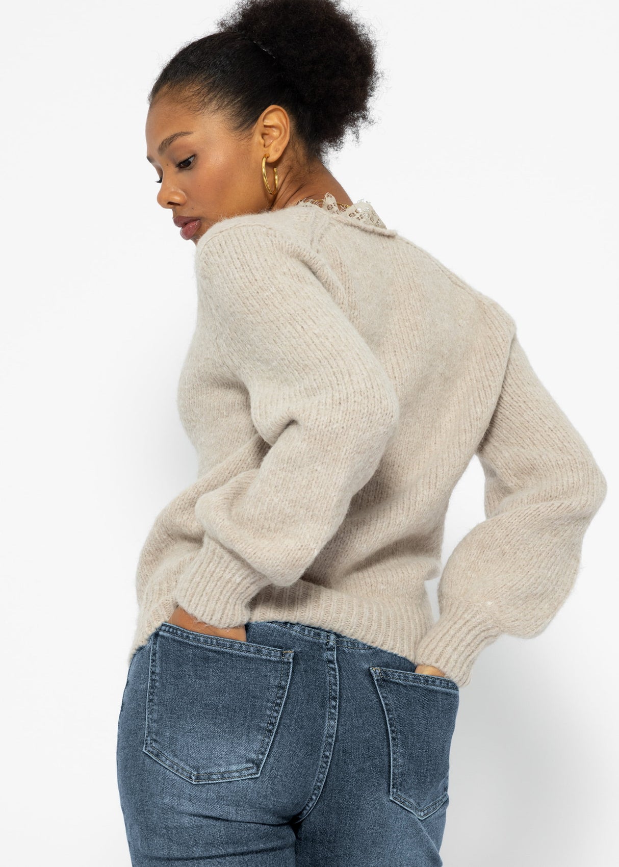 Sweater with lace neckline - beige