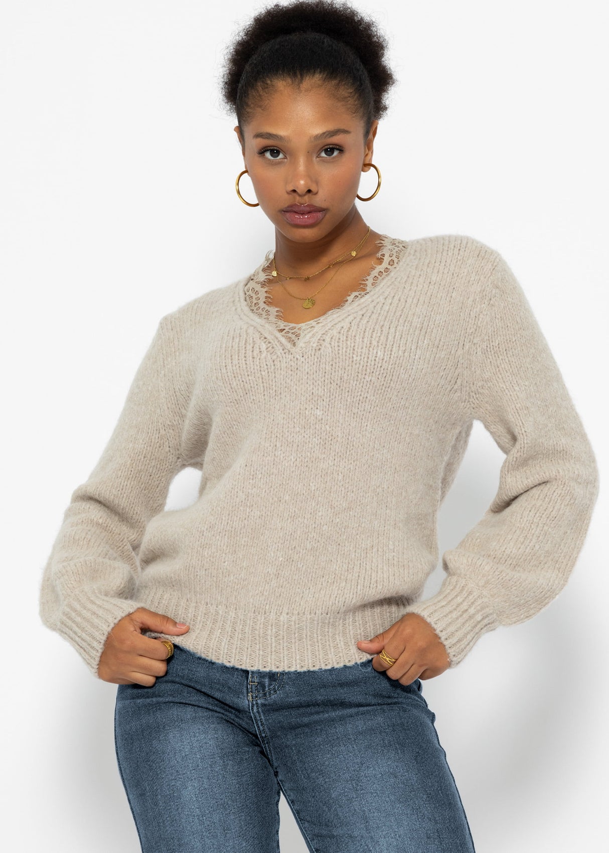 Sweater with lace neckline - beige
