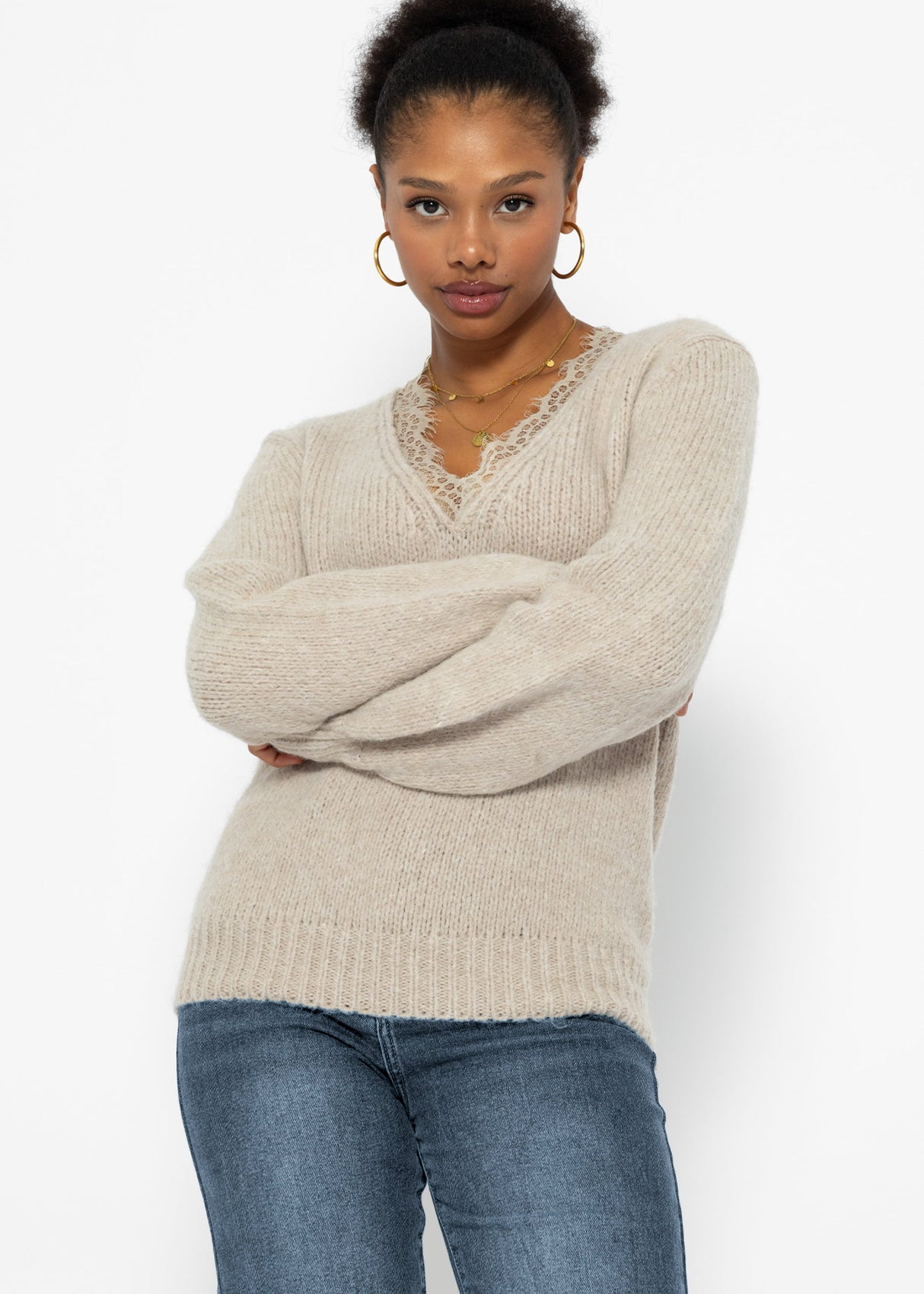 Sweater with lace neckline - beige