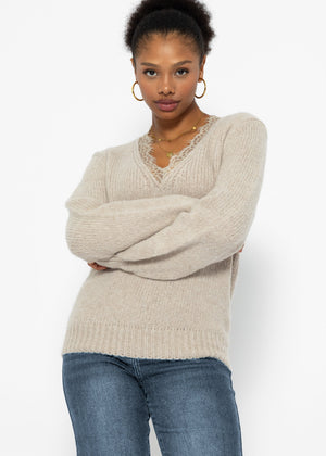 Sweater with lace neckline - beige