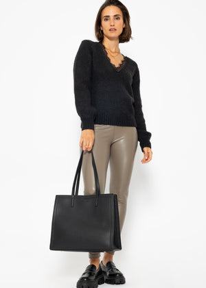 Sweater with lace neckline - black