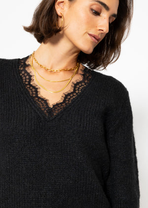 Sweater with lace neckline - black
