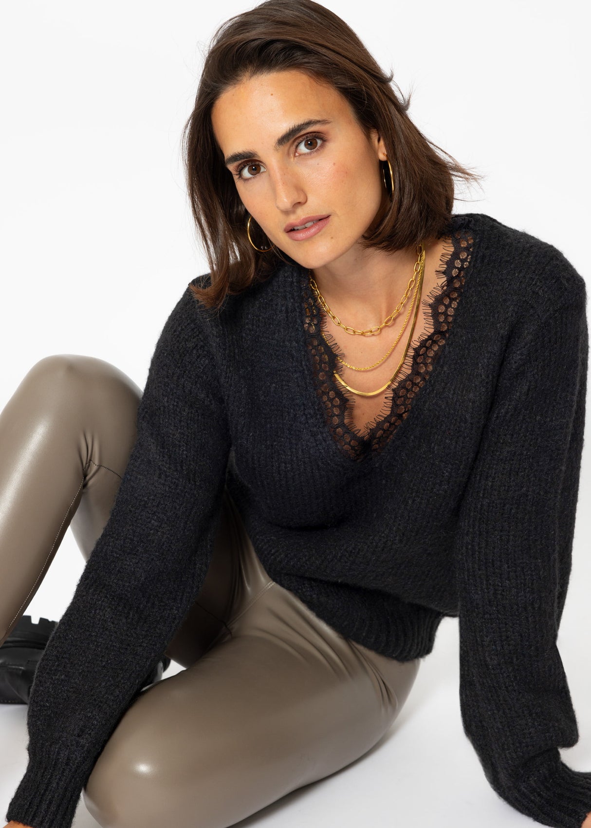 Sweater with lace neckline - black