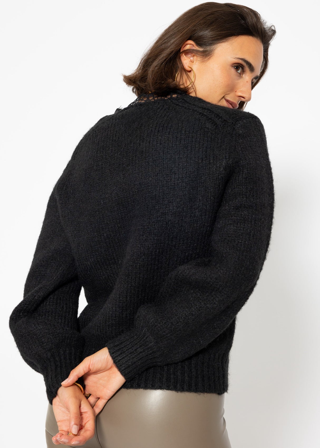 Sweater with lace neckline - black