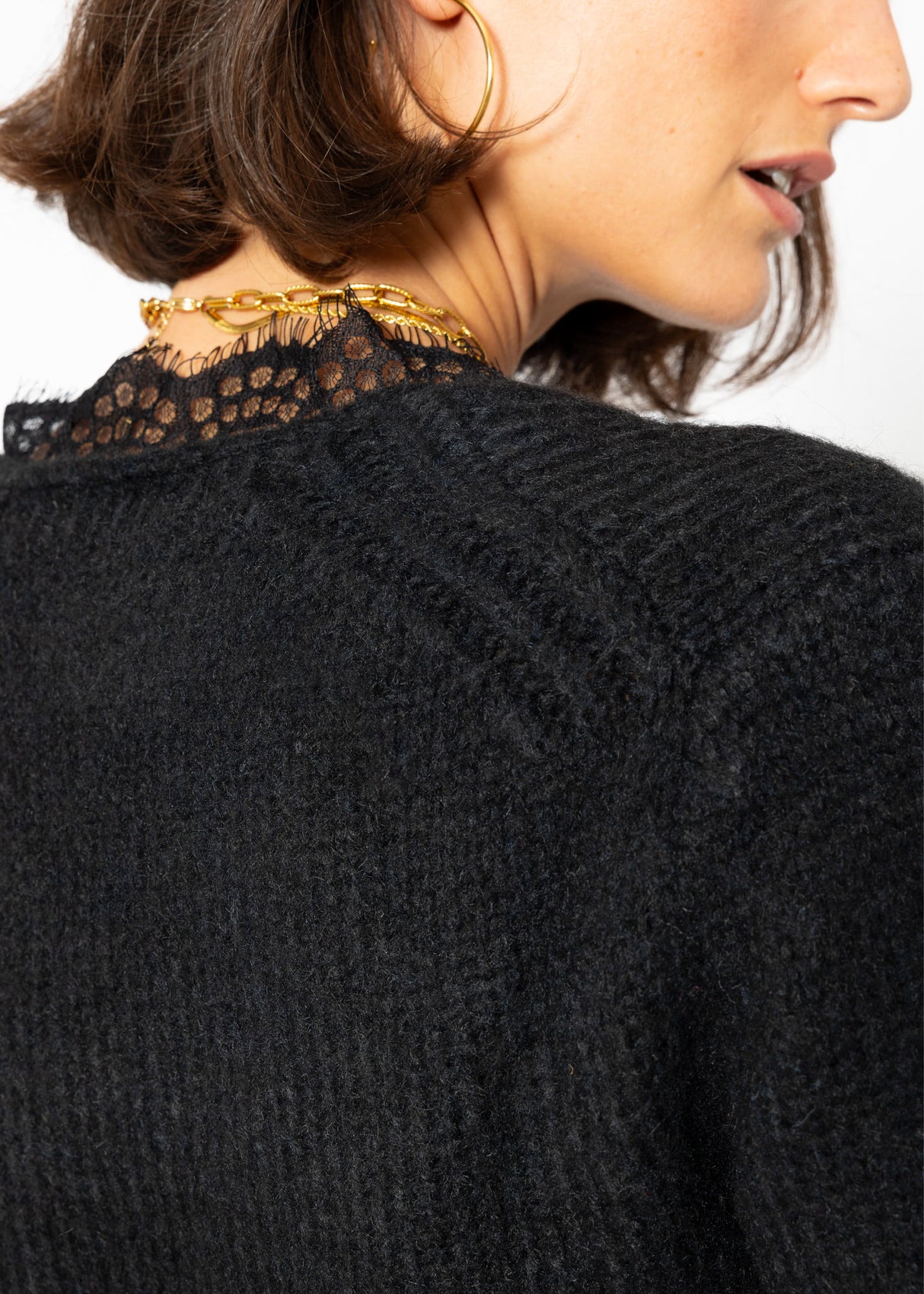 Sweater with lace neckline - black