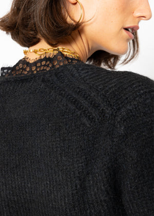 Sweater with lace neckline - black