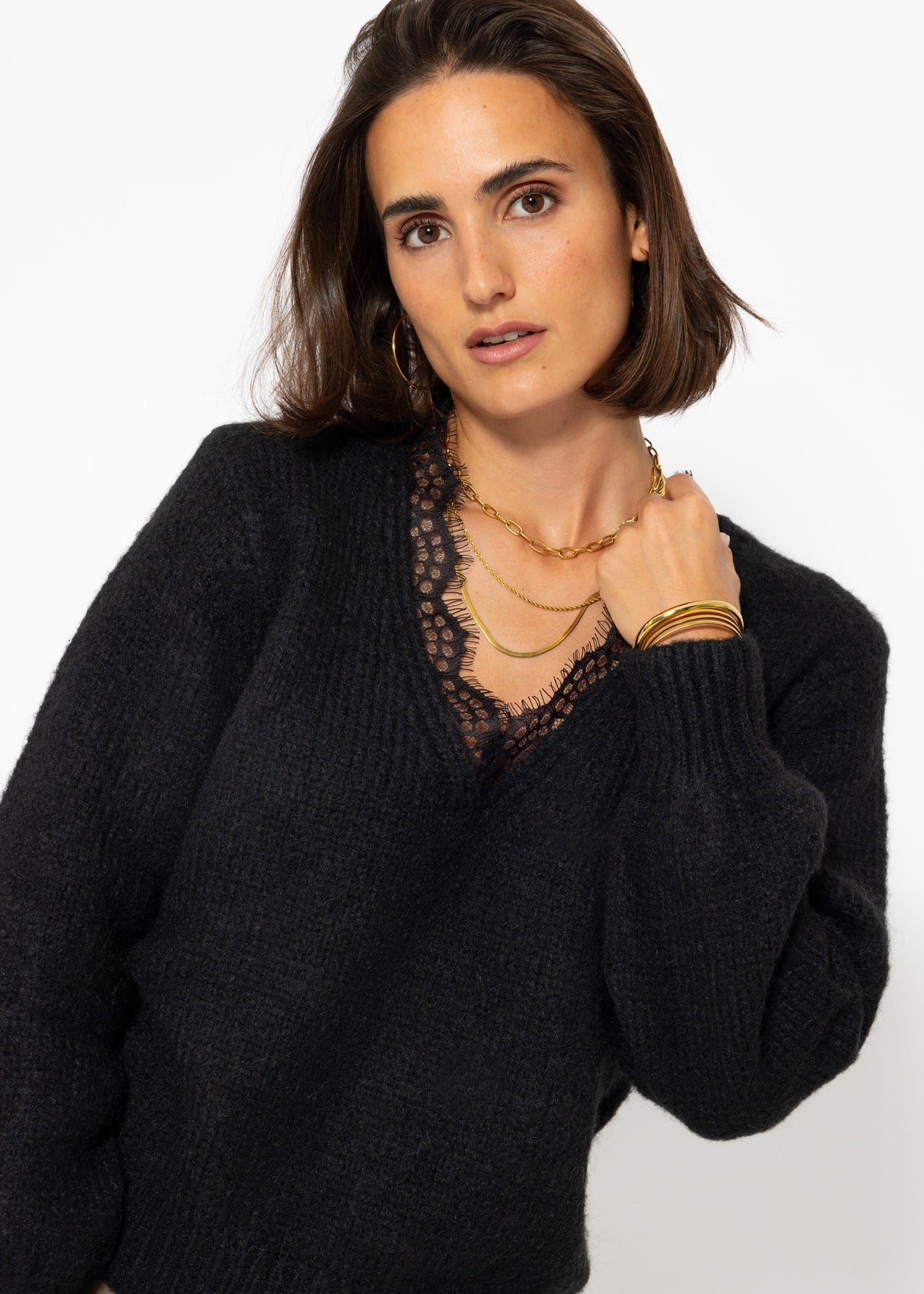 Sweater with lace neckline - black