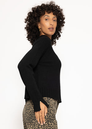 Sweater with stand-up collar and sleeve slits - black