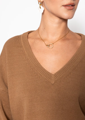 Oversize Baumwoll-Pullover mit tiefem V-Ausschnitt - braun