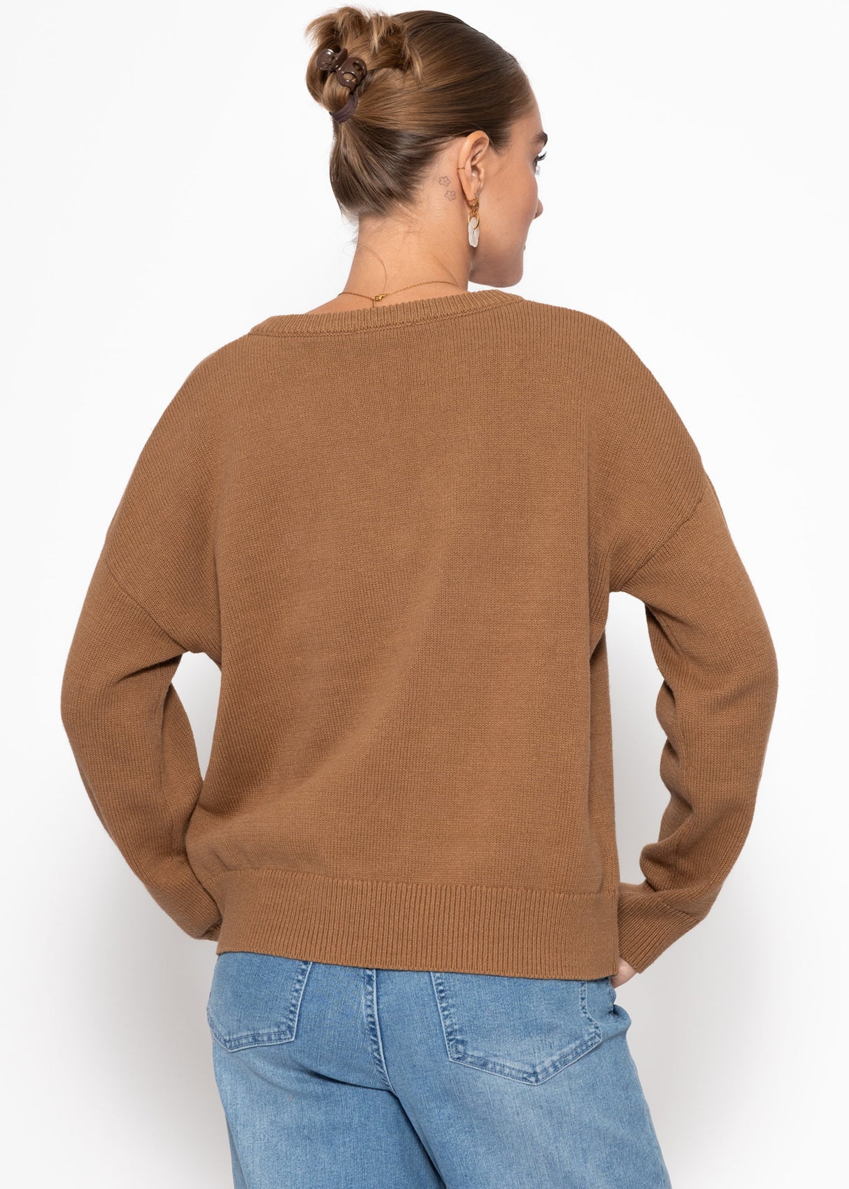 Oversize Baumwoll-Pullover mit tiefem V-Ausschnitt - braun