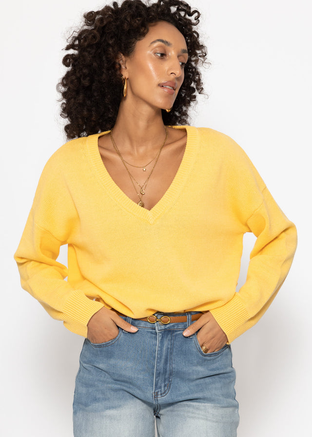 Oversized cotton jumper with deep V-neck - yellow