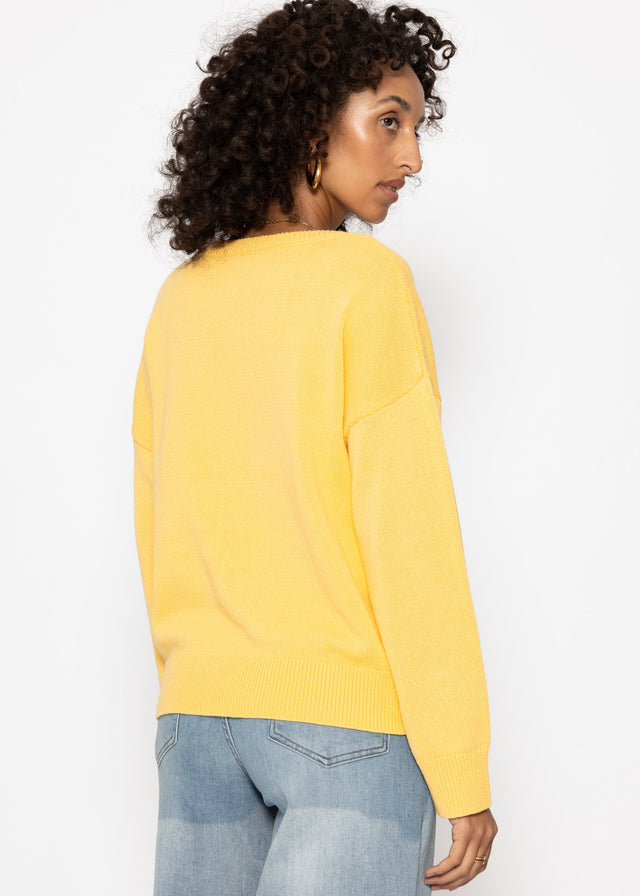 Oversized cotton jumper with deep V-neck - yellow