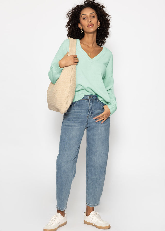 Oversize Baumwoll-Pullover mit tiefem V-Ausschnitt - mint