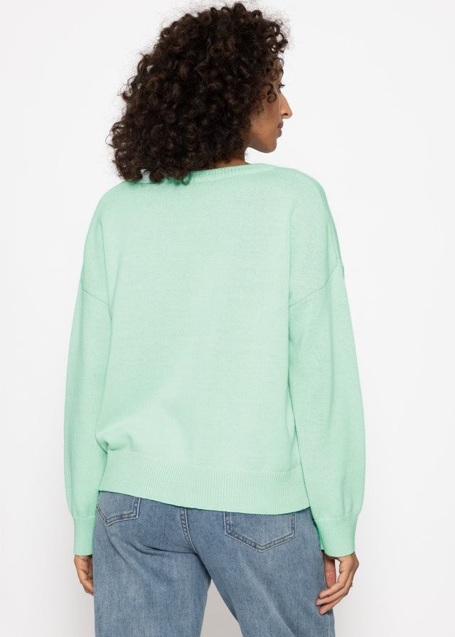 Oversize Baumwoll-Pullover mit tiefem V-Ausschnitt - mint