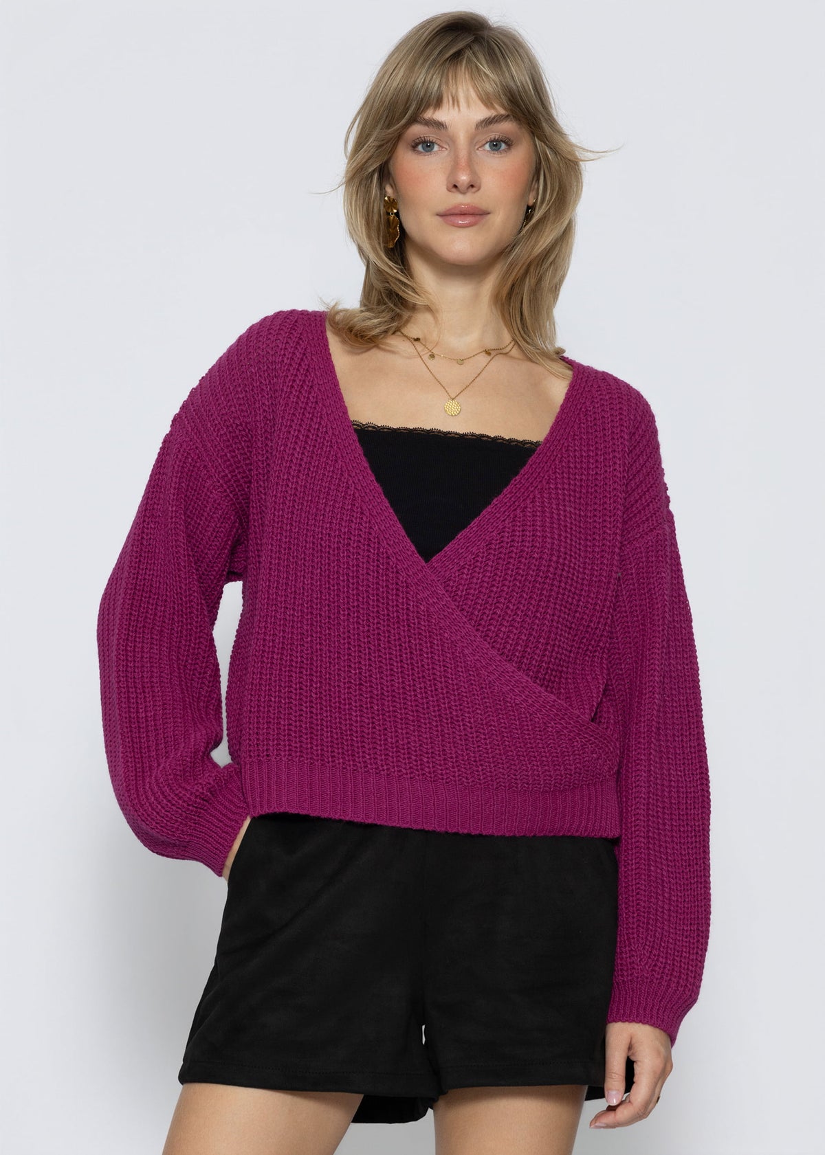 Pullover mit Wickeloptik - beere