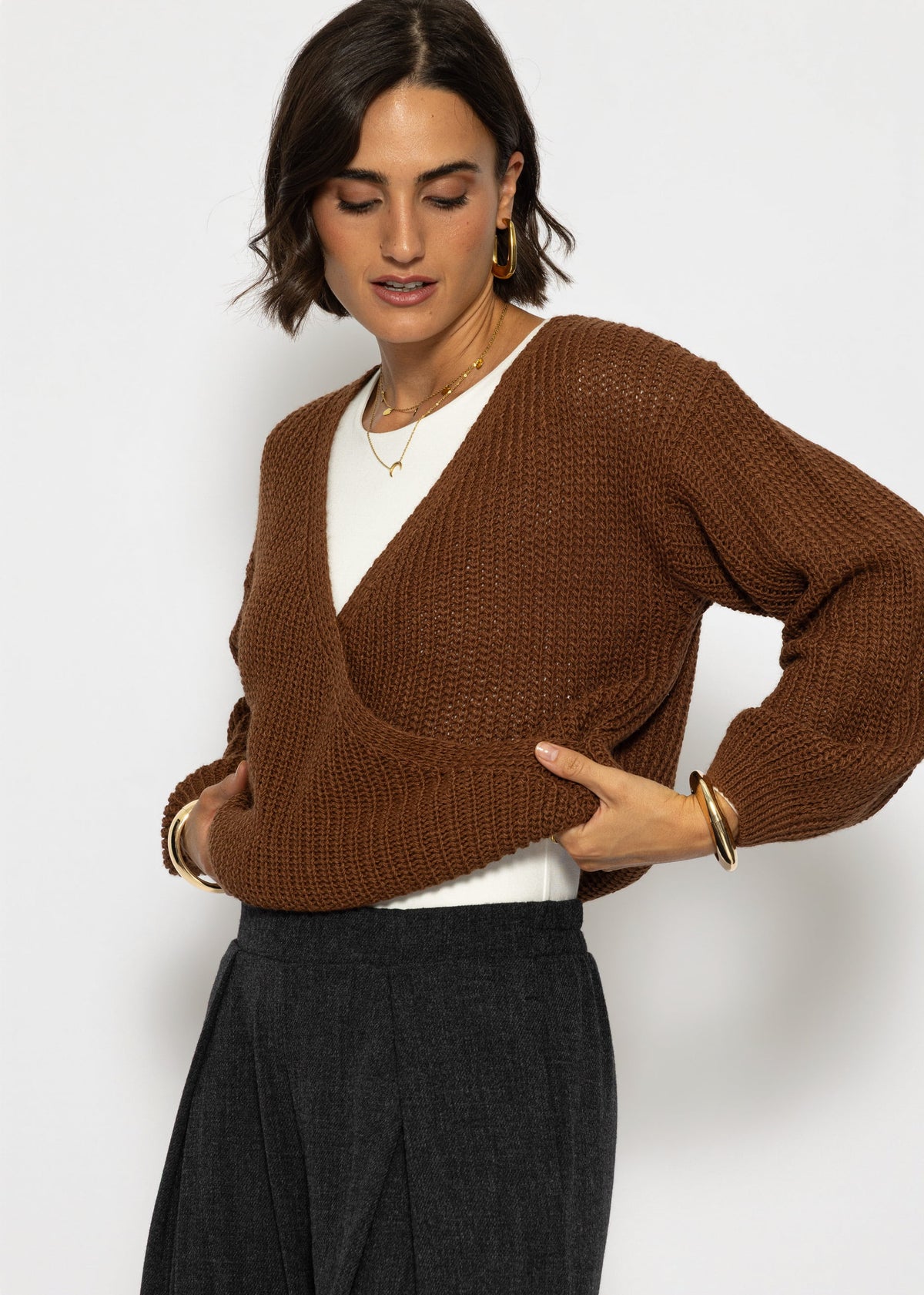 Pullover mit Wickeloptik - braun
