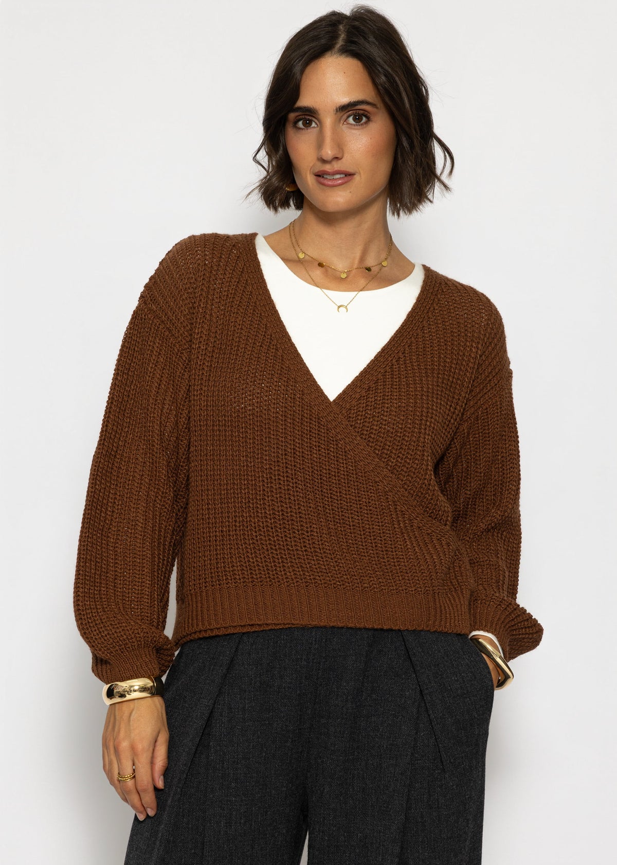 Pullover mit Wickeloptik - braun