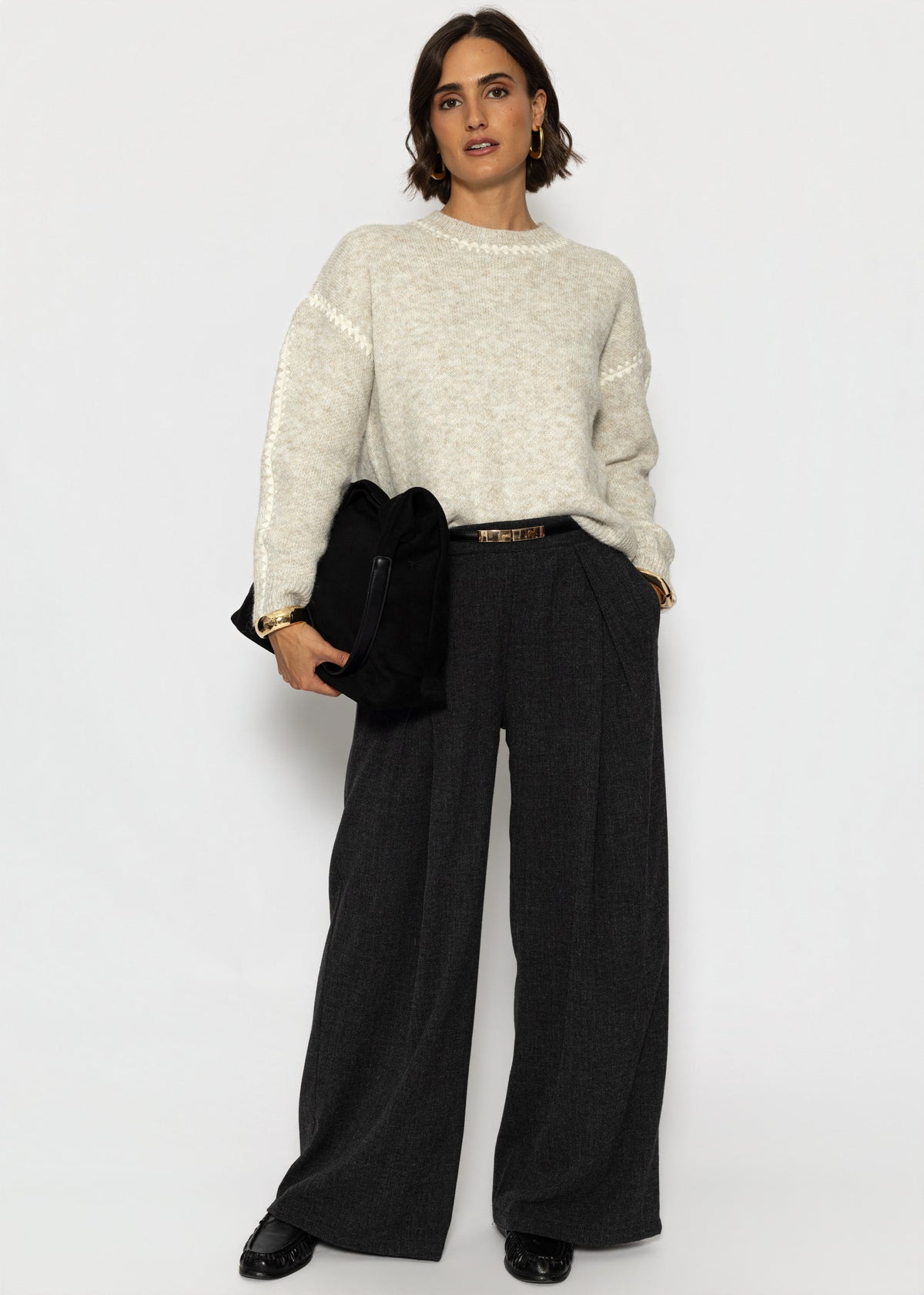 Pullover mit Ziernähten und Wollanteil - beige-offwhite