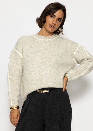 Pullover mit Ziernähten und Wollanteil - beige-offwhite