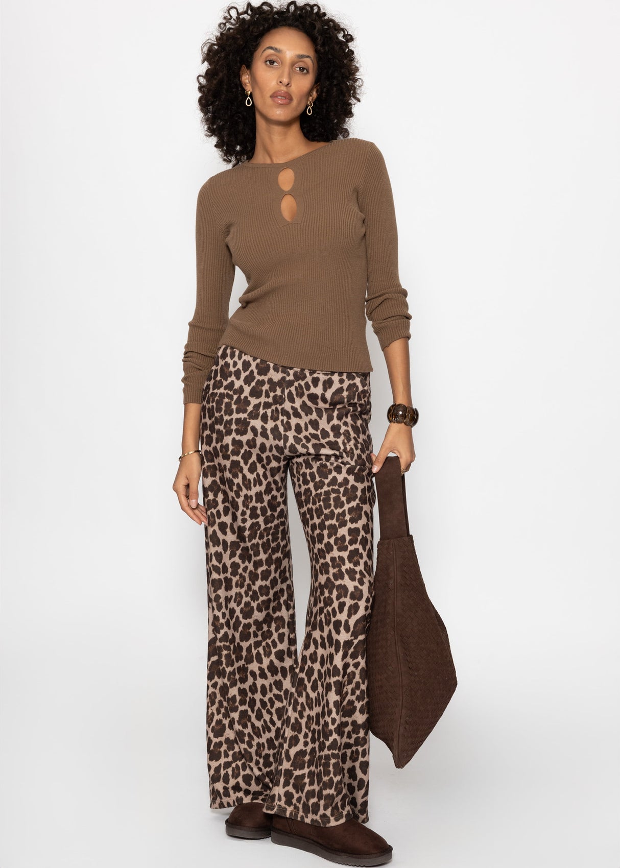 Ribbed knit top with cut-outs - brown
