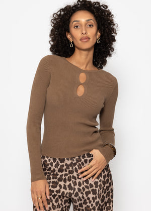 Ribbed knit top with cut-outs - brown