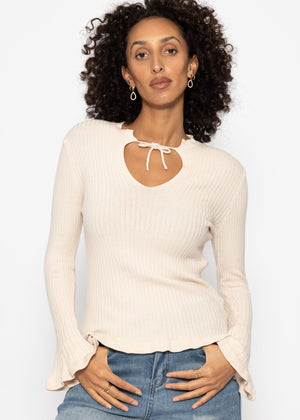 Ribbed knit top with bow at the neckline - beige