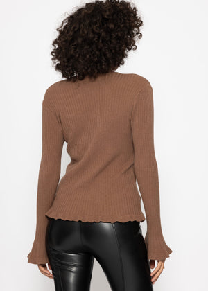 Ribbed knit top with bow at the neckline - brown
