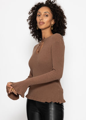Ribbed knit top with bow at the neckline - brown