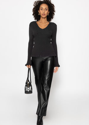 Rippstrickoberteil mit Bindeband am Ausschnitt - schwarz