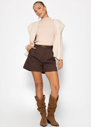 Rib knitting sweater with stand -up collar - beige