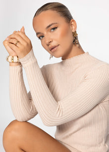 Rib knitting sweater with stand -up collar - beige