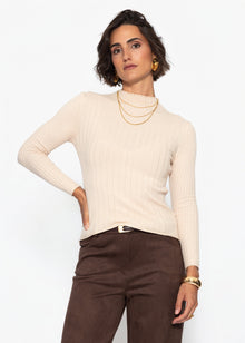 Rib knitting sweater with stand -up collar - beige