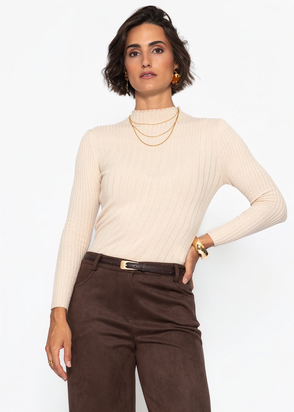 Rib knitting sweater with stand -up collar - beige