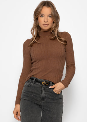 Rippstrickoberteil mit Stehkragen - braun